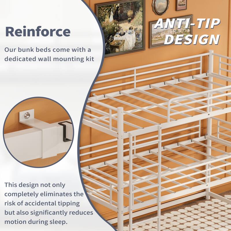 Twin Over Twin Over Twin Metal Triple Bunk Bed with Safety Rails, Non-Slip Ladder, Space Saving Design