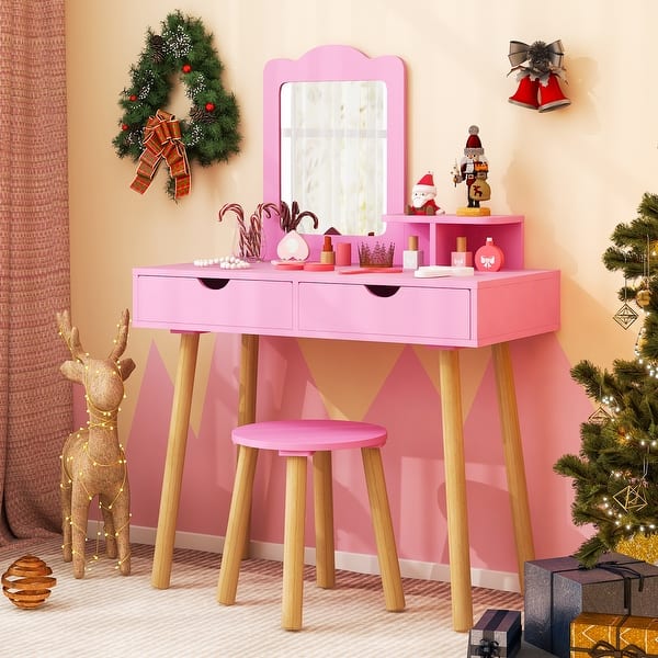 slide 2 of 12, Pink Kid Vanity Table Chair Set with Mirror and 2 Large Storage Drawers Perfect for Holiday Gift - 28" x 13" x 39" (L x W x H) Kids