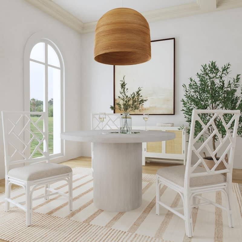 Natural Rattan Handmade Chippendale Cushioned Dining Chairs by East at Main - White