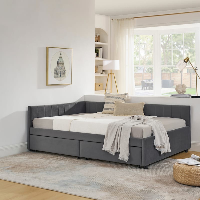 Full Size Upholstered Tufted Daybed, L Shaped Velvet Fabric Sofa Bed Frame with Two Drawers, Wooden Slats Support