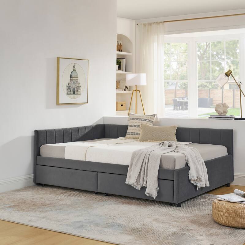 Roomfitters Full Velvet Daybed with Two Storage Drawers, Upholstered Sofa Bed Frame with Backrest and Armrests
