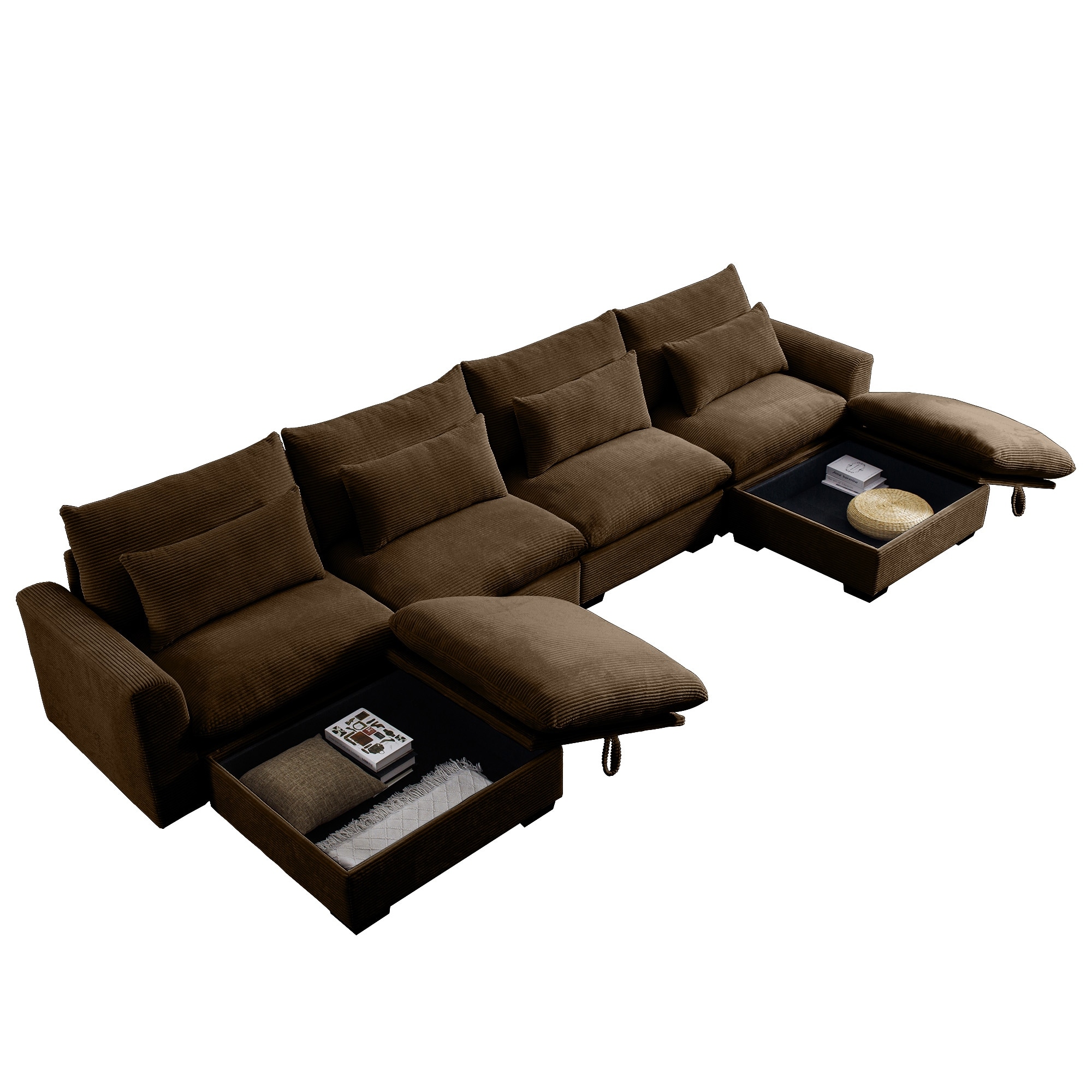 Brown Corduroy Sectional Sleeper Sofa Bed with Storage Ottoman