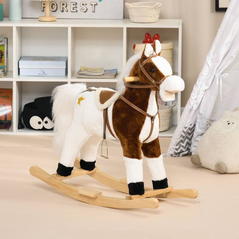 Kids Plush Rocking Horse with Authentic Neigh Sounds, Saddle, and Stirrup for 3-8 Years Old - Comfortable Velvet Fabric