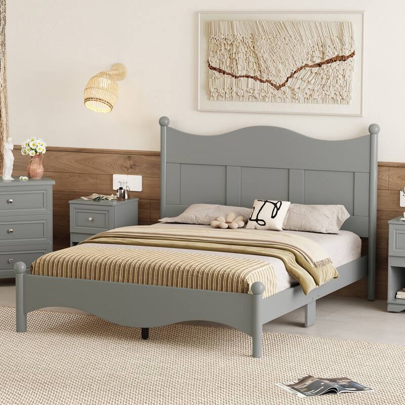 Elegant Design Wood Platform Bed Frame with Headboard, Queen Size Platform Bed with Wooden Slat Support, No Box Spring Needed