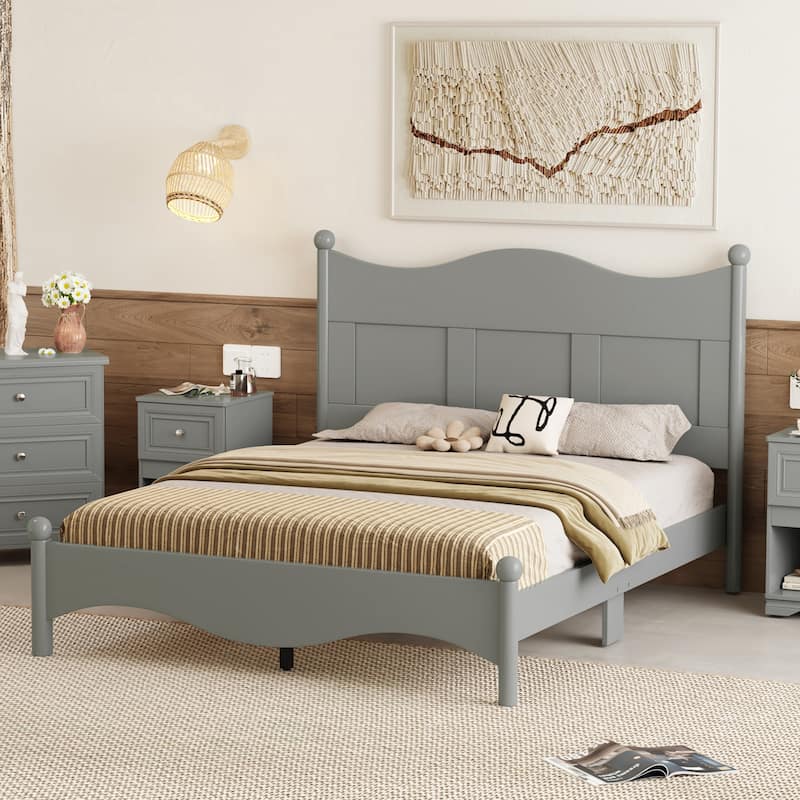 Queen Size Elegant Design Wood Platform Bed Frame,Retro Style Platform Bed with Wooden Slat Support