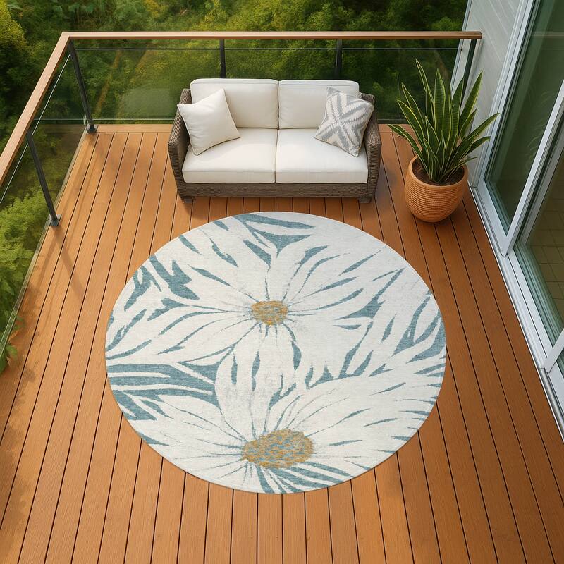 Machine Washable Indoor/ Outdoor Floral Chantille Rug - Teal - 8' x 8'