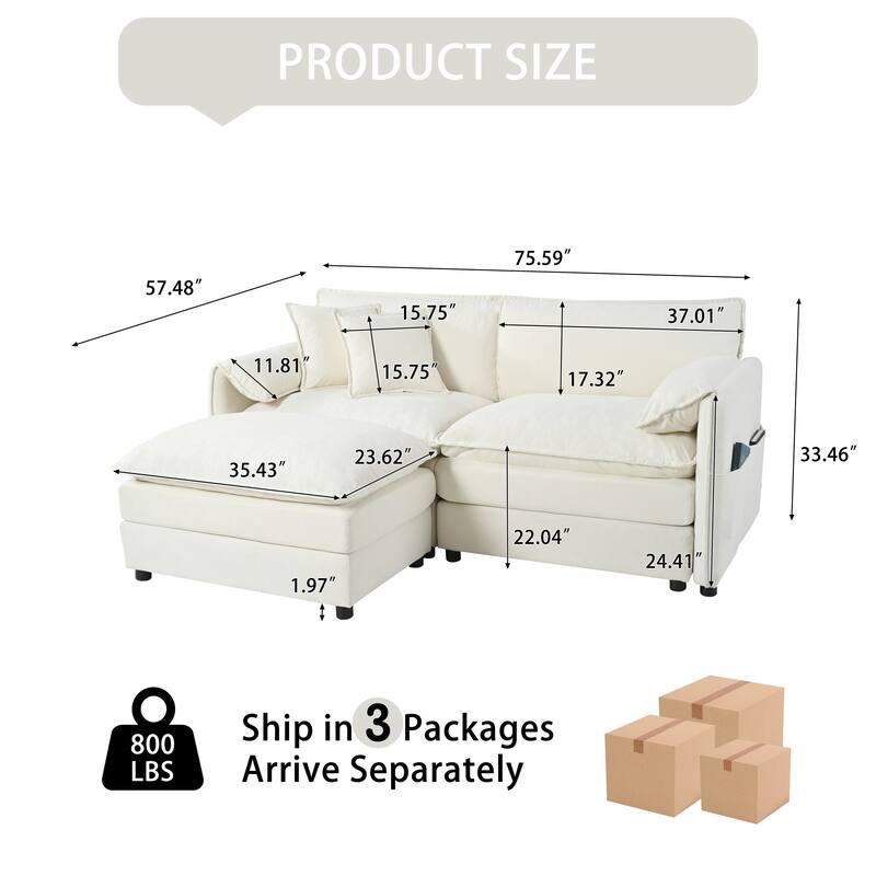 Modern Modular 3 Seat Sofa with Extra Deep Dual Layer Cushions and Storage Pockets for Living Room and Guest Room