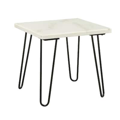 Marble Top End Table with Hairpin Style Metal Legs, White and Black