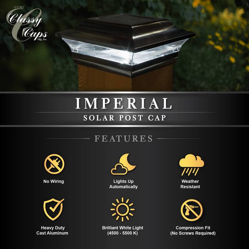Classy Caps 5 x 5 Black Aluminum Imperial Solar Post Cap (Set of 2)