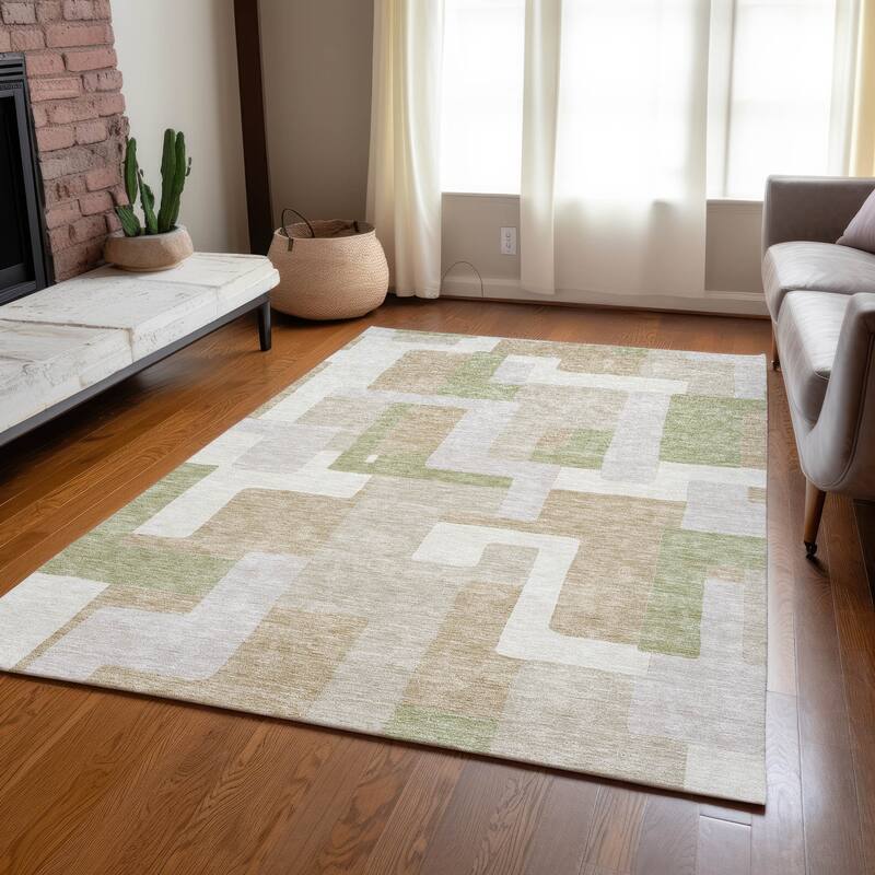 Machine Washable Indoor/ Outdoor Contempoary Blocks Chantille Rug