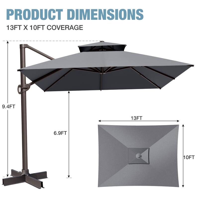 VredHom 10x13FT Outdoor Patio Offset Umbrella 360 Degree Rotation without Base