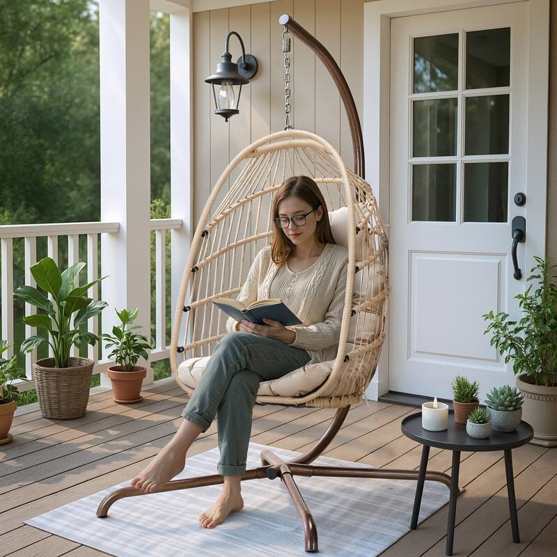 Oversized Hanging Egg Chair with Stand, Indoor Outdoor Swing Chair, 350 lbs Capacity Cozy Rattan Lounge