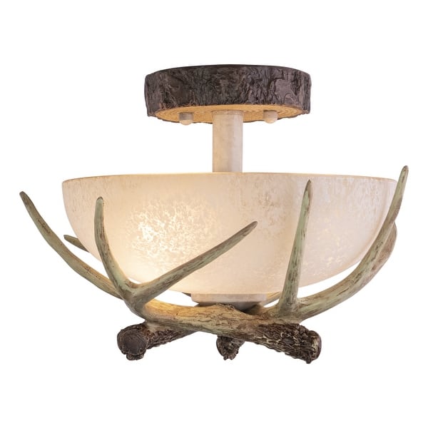 slide 2 of 9, Lodge 12-in W Cream Rustic Antler Bowl Semi Flush Mount Ceiling Light Cream Glass - 12-in W x 9-in H x 12-in D Noachian Stone - 12-in W x 9-in H x 12-in D