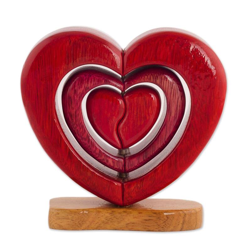 Handmade Heart Trio Wood Sculpture (Peru) - 6.5" H x 6.75" W x 2" D