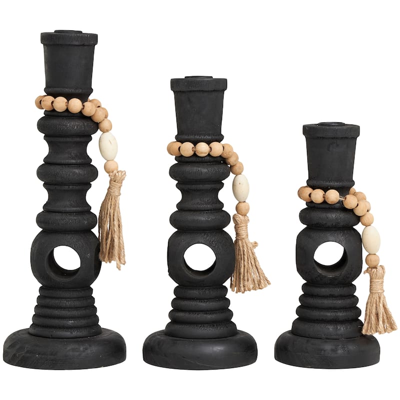 Black Wood Handmade Textured Matte Candle Holder with Beaded Garland Accent (Set of 3)