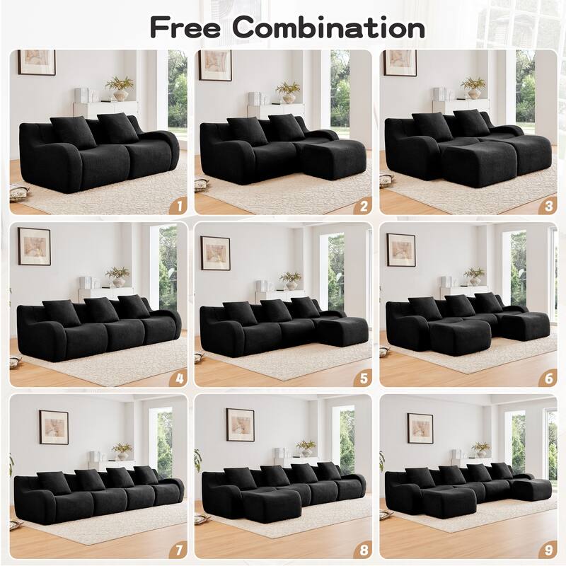 Modern 3-Seater Boneless Sofa, 115.3" Teddy Fabric Couch with Curved Armrests, Anti-Slip Base, No Assembly for Living Room