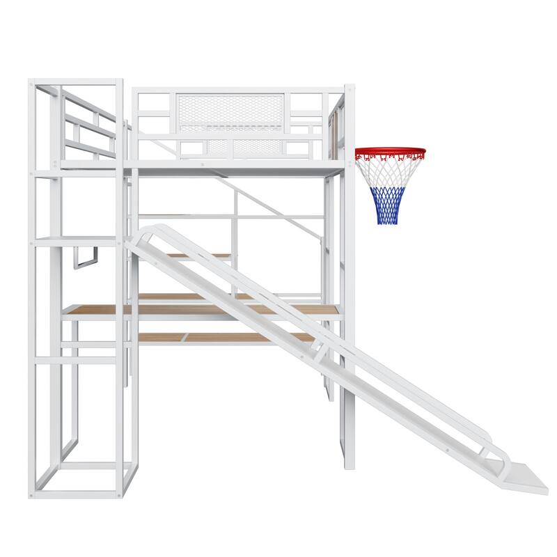 Full Size Metal Loft Bed with Desk, Wardrobe, Slide & Basketball Hoop
