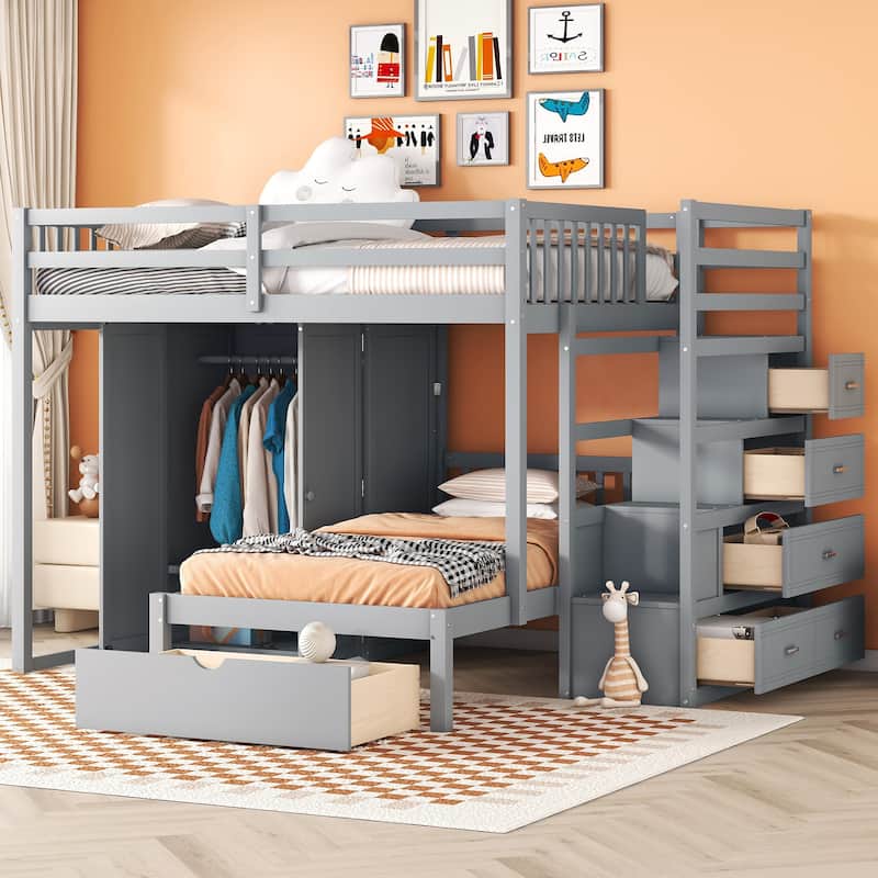Full Over Twin Bunk Bed with Wardrobe and Drawers in Gray - Gray