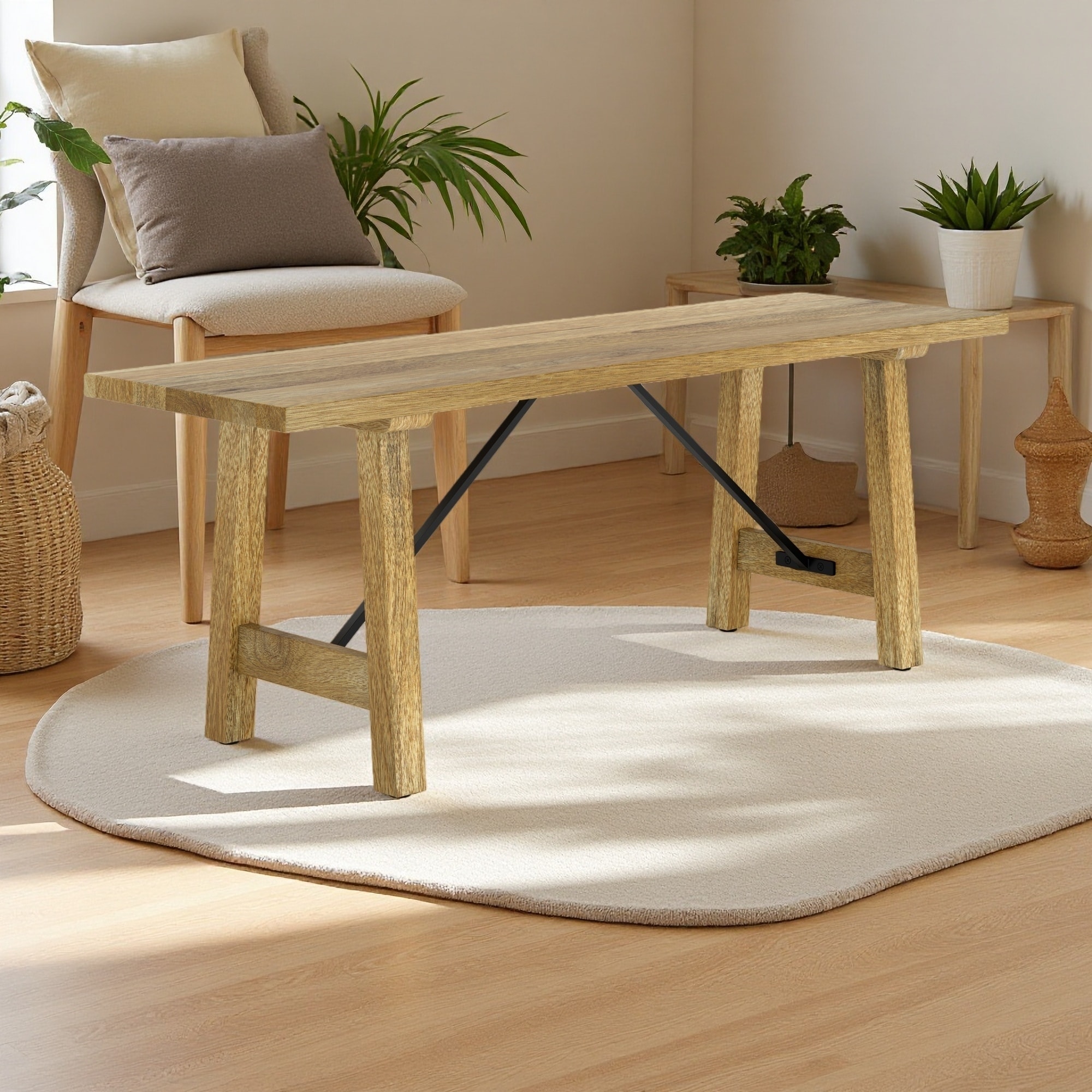 47"L Mango Wood & Metal Bench, 1" Thick Seat, Industrial Style, Sturdy Metal Support