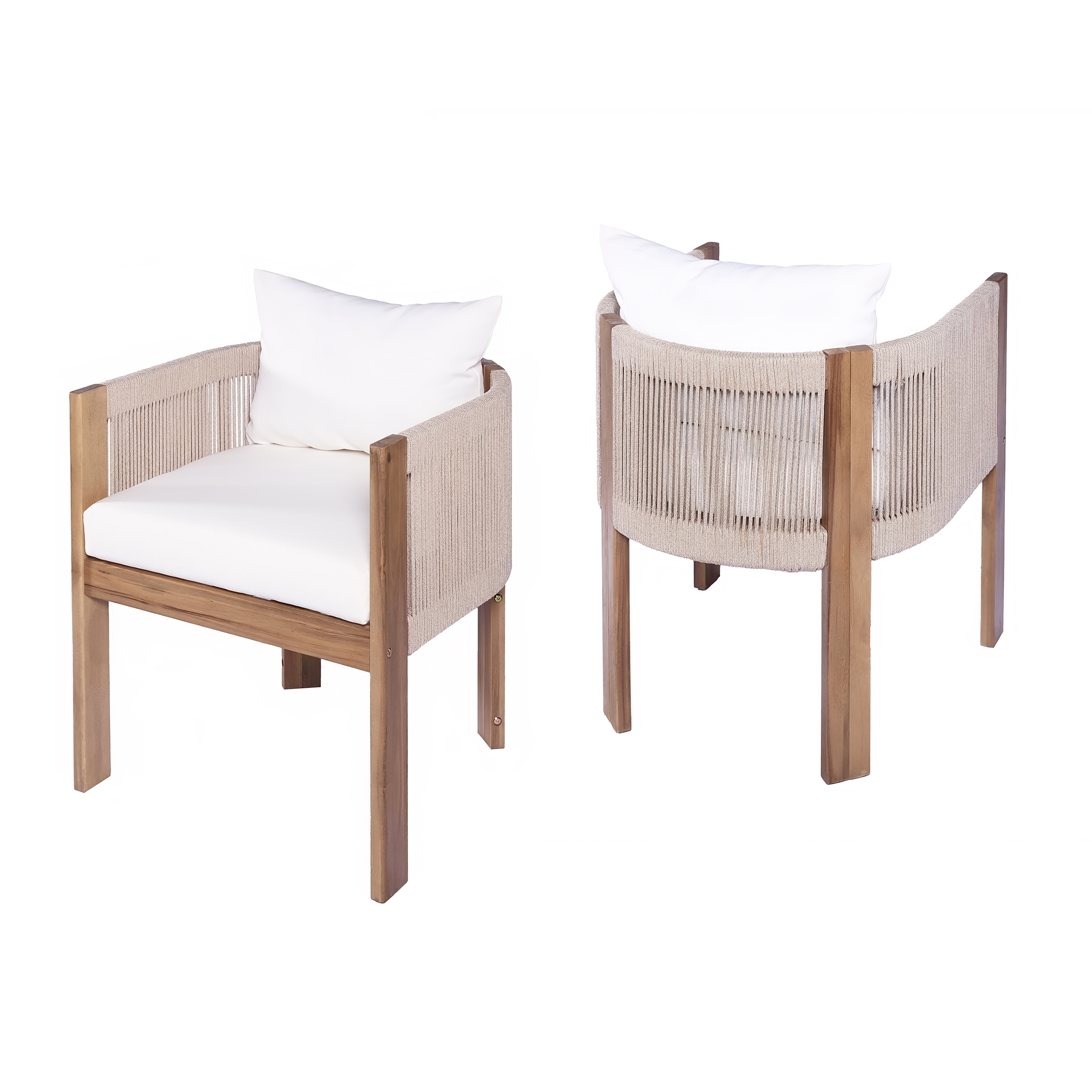 Roomfitters Matera Outdoor Acacia Wood Dining Chairs with Rope Back, Teak Finish and Beige Set of 2