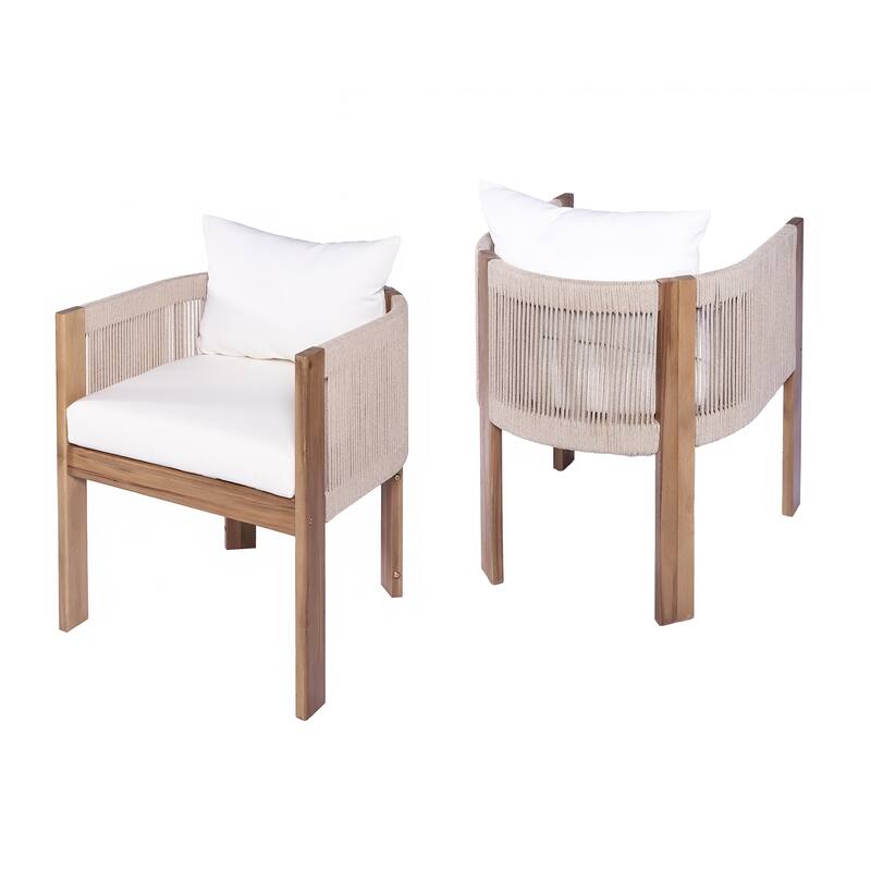 Roomfitters Matera Outdoor Acacia Wood Dining Chairs with Rope Back, Teak Finish and Beige Set of 2 - Teak+ Beige