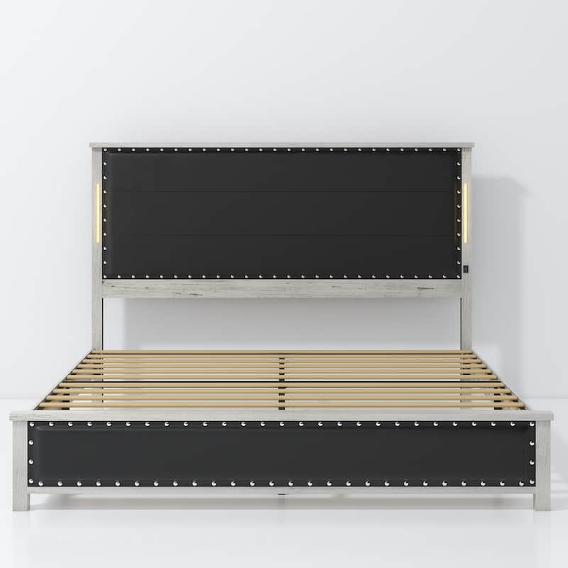 King Size Bed Frame with Upholstered Headboard, Charging Station & LED Lights, Dark Gray Faux Leather, No Box Spring Needed