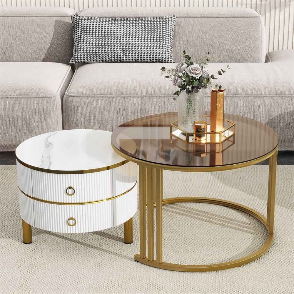 Stackable Nesting Coffee Table with 2 Drawers, Tempered Glass