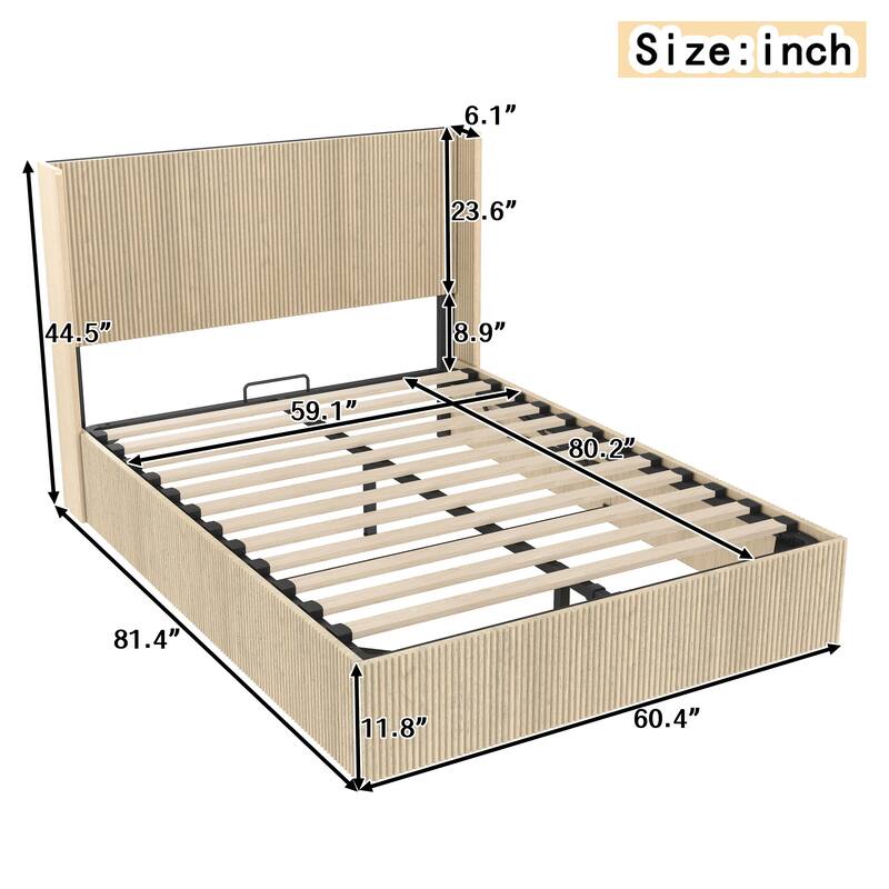 Wood Lift Storage Platform Bed with Raised Headboard, Gas Lift Design, No Box Spring Needed, Queen King