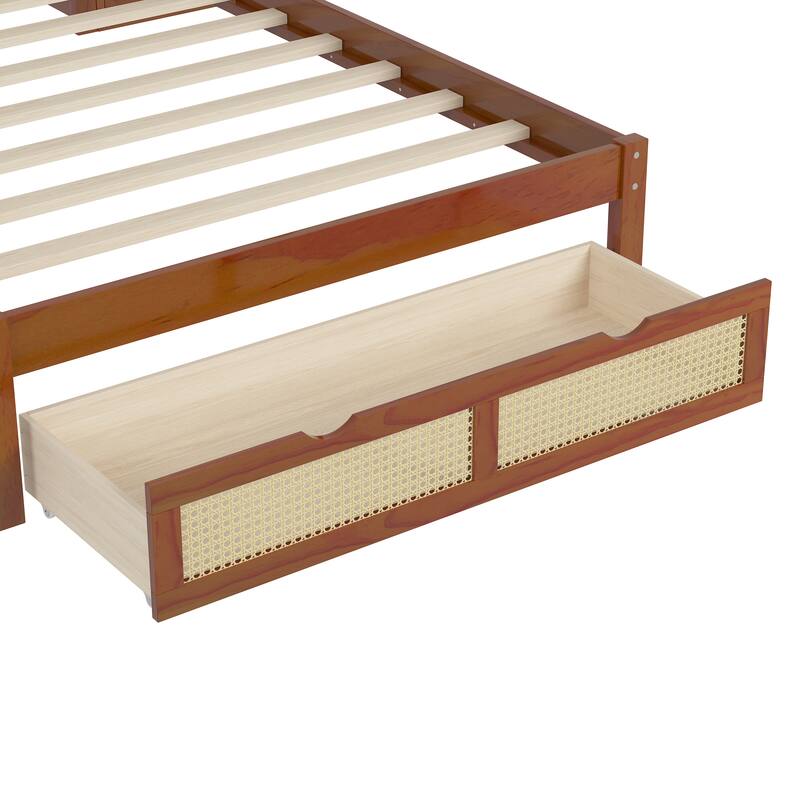 Twin Size Wooden Platform Bed with Rattan Headboard, 2 Storage Lockers, Drawer And Headboard Rack