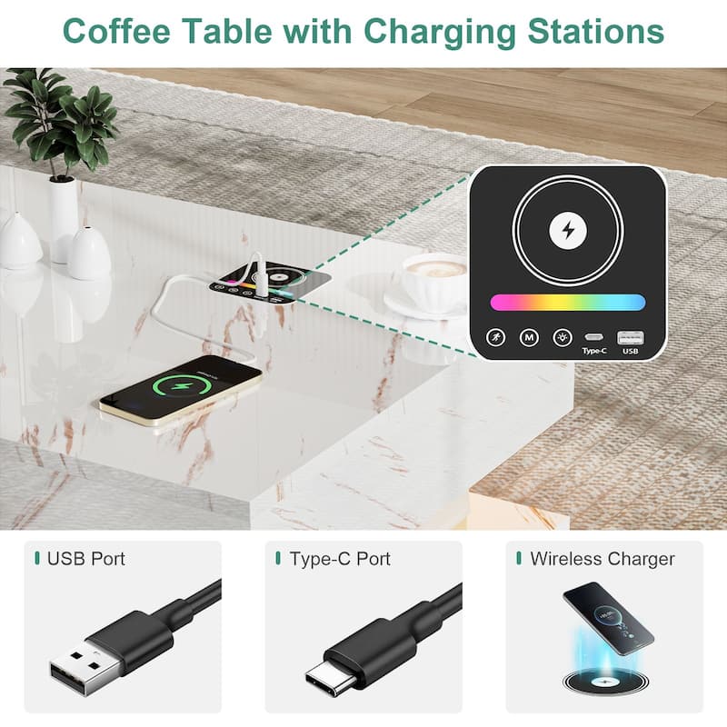 Smart LED Coffee Table 47.2" with Bluetooth Speaker & Wireless Charging, Modern White Marble Center Table