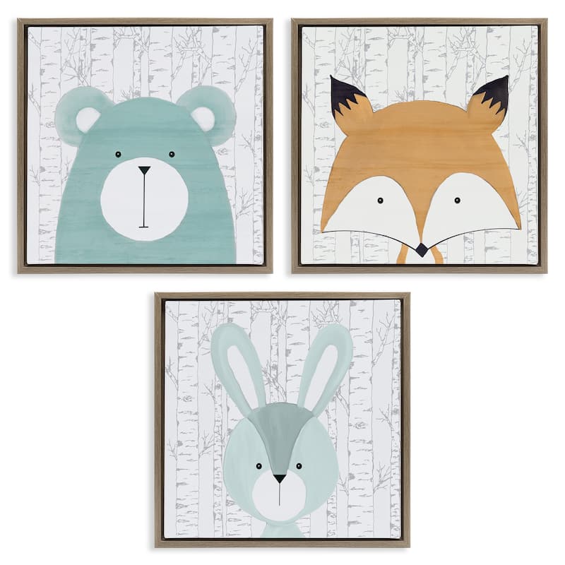 Stupell Whimsical Woodland Nursery Animals Framed Floater Canvas Wall Art Design By Kim Allen (Set of 3) - 18 x 18 - Brown