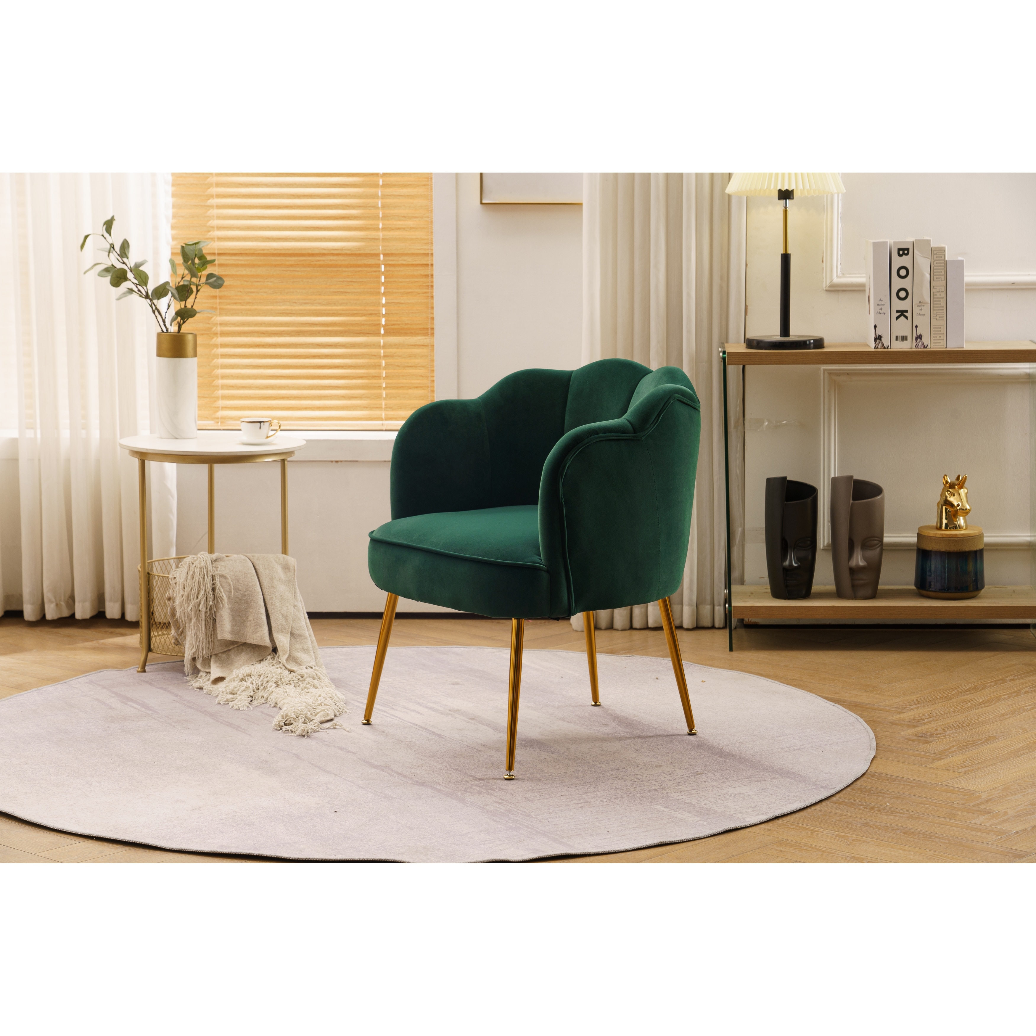 Accent Chair Shell Shape Armchair Dark Green with Gold Legs for