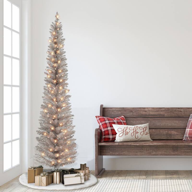 6' Rose Gold Tinsel Pencil Artificial Christmas Tree, Clear Lights