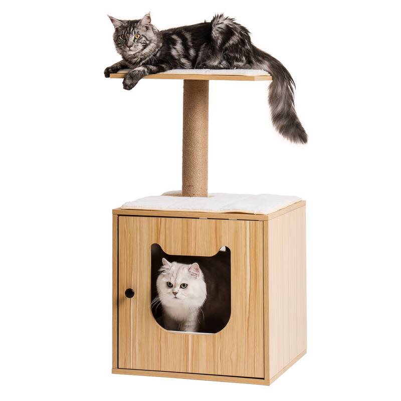 3-IN-1 Cat Litter Box Enclosure, Wooden Cat House with Cat Bed Hidden Cat Washroom Furniture with Scratching Post - Natural Wood Wash