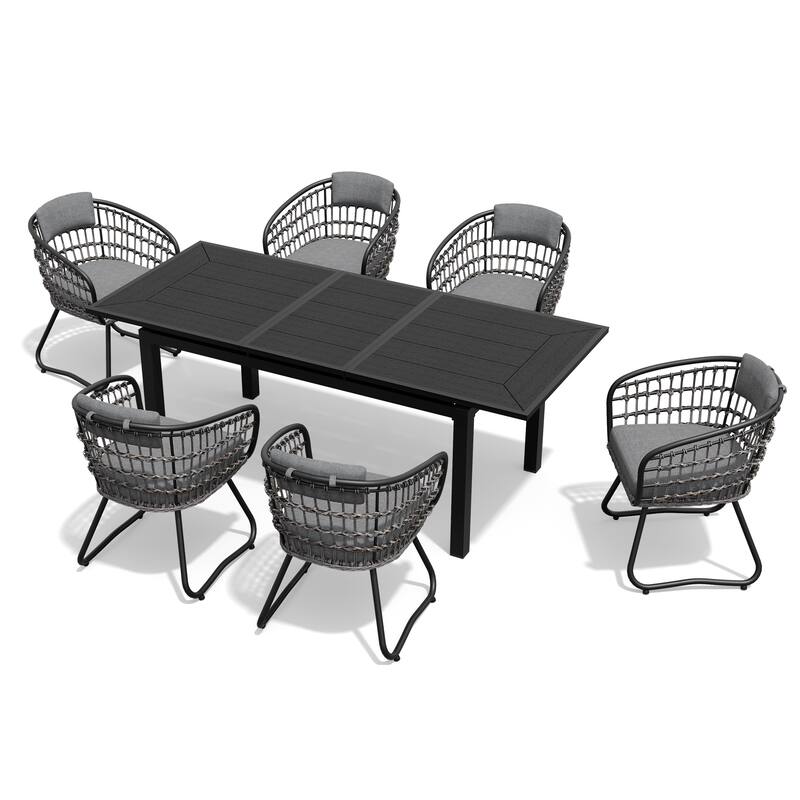 Outdoor Patio Dining Extendable Aluminum Table with Cushioned PE Rattan Chairs