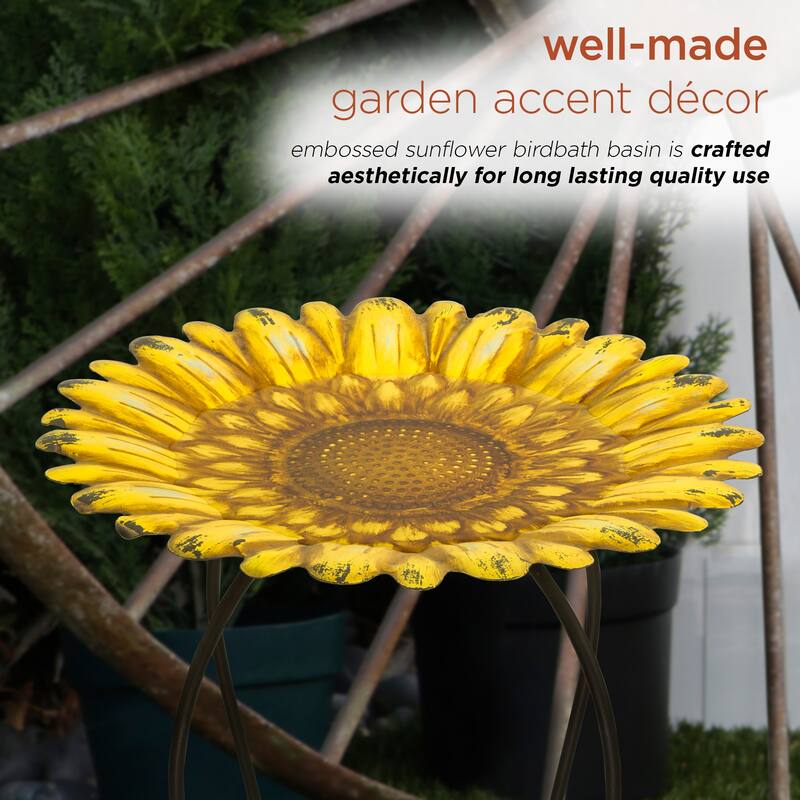 Alpine Corporation 19" Tall Embossed Metal Sunflower Birdbath Decoration Yard Statue