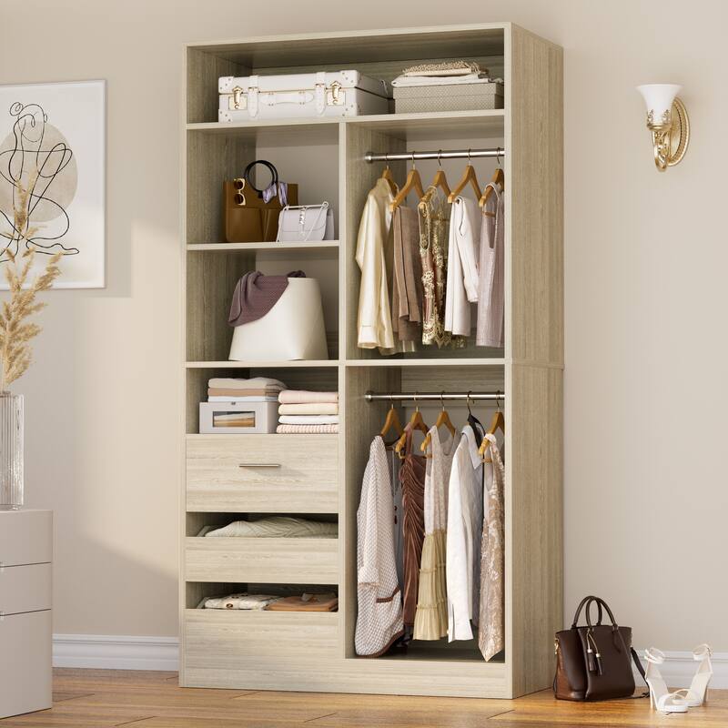 36" Freestanding Closet System With 3 Drawers and 2 Hanging Rods,Multi-Purpose Wardrobe Closet Rack