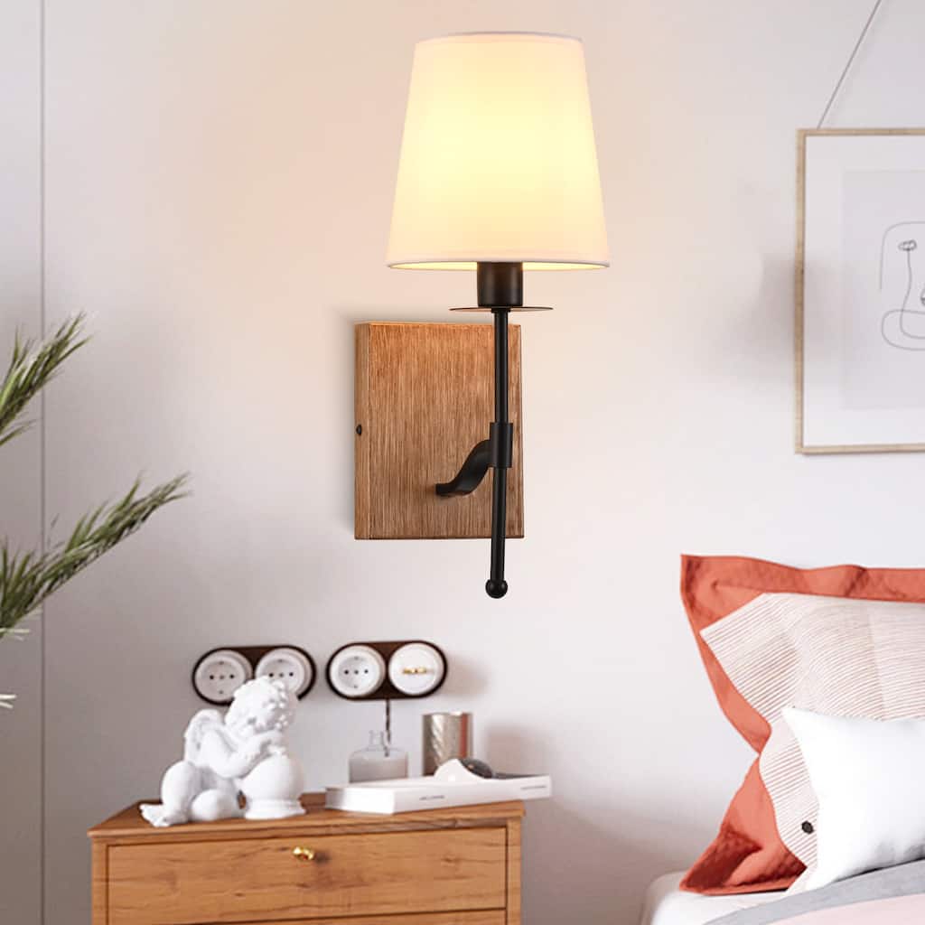 CurveCurio 14" Modern Lamp-Shaped Wall Light with Matte Black Frame and Wood Base, Featuring Elegant White Fabric Shade