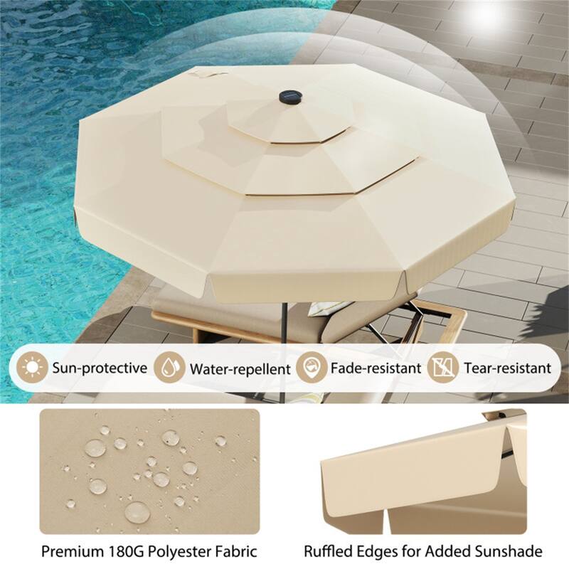 Outdoor 10 ft Umbrella with 3-Tier Venting Solar LED Lights Tilt and Crank for Poolside or Garden