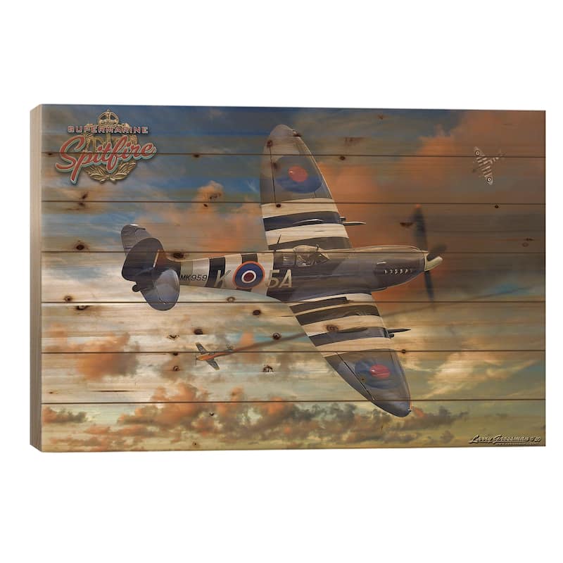 Spitfire Dog Fight Print On Wood by Larry Grossman - Multi-Color - 26x40x1.5