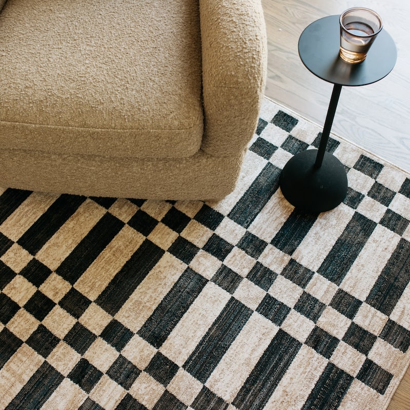 Hansel Blocks and Stripes Beige/ Black Area Rug