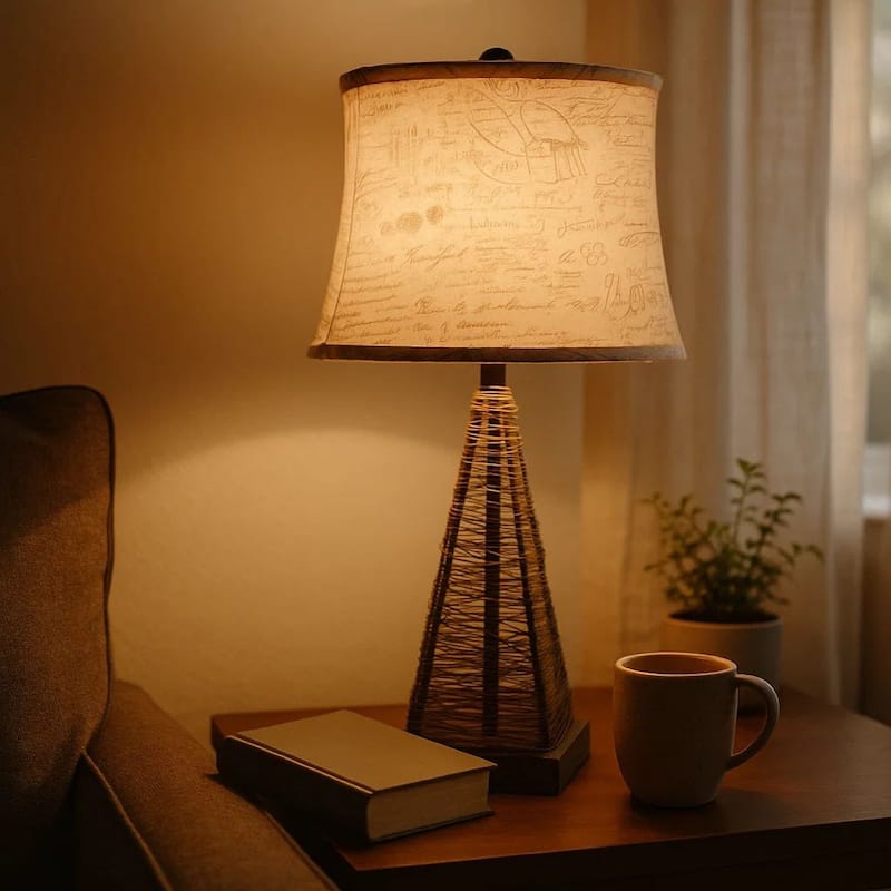 Metal Pyramid Base Table Lamp Set of 2 with Wire Design and Scripted Shade, Gray