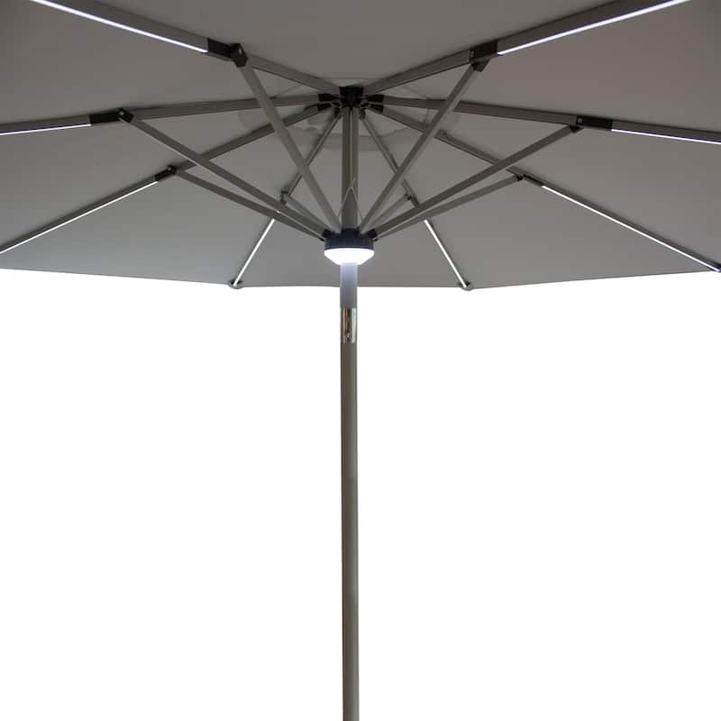 9ft Solar Lighted Outdoor Patio Market Umbrella Hand Crank Tilt Gray