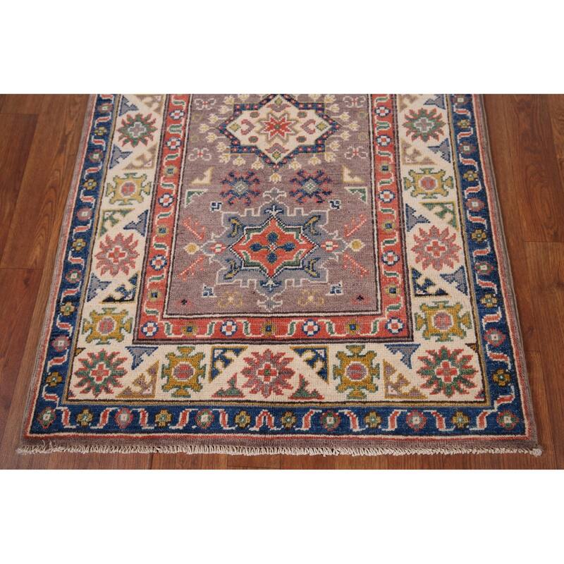 Geometric Brown Kazak Foyer Rug Hand-Knotted Wool Carpet - 2'9" x 4'1"