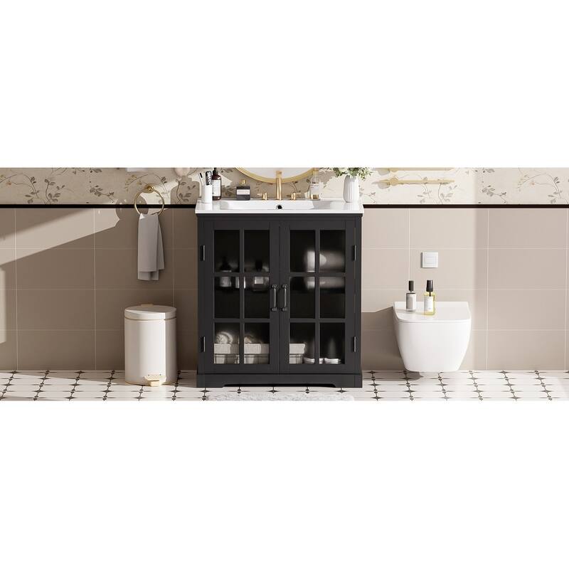 30"Bathroom Vanity with Ceramic Sink, Tempered Blurred Glass and Matte Black Handles, Large Storage Space and Rubber Wood Frame