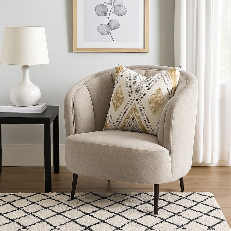 Zui Curved Accent Armchair, 33 Inch, Beige, Modern Sleek Tapered Metal Legs