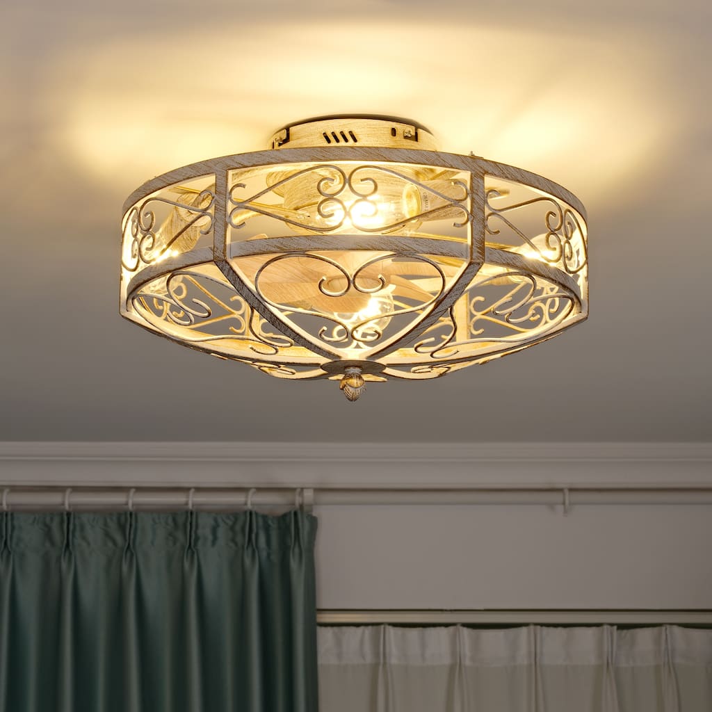 20 Inch Indoor White and Gold Low Profile Cage Ceiling Fan with Light - 20 Inches