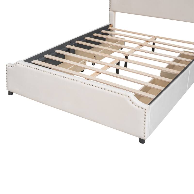 Upholstered Platform Bed with Stud Trim Headboard and Footboard and 4 Drawers No Box Spring Needed, Velvet Fabric, Queen Size