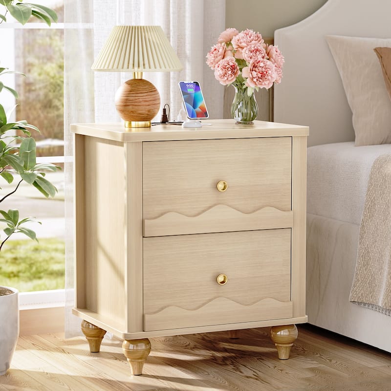 Modern Nightstand with Charging Station, Side End Table with 2 Drawers - Natural - 2-drawer