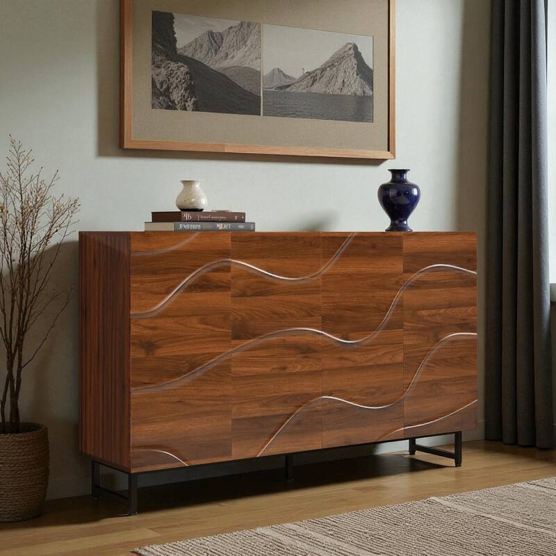 59" Modern Walnut Wave Relief Sideboard Buffet Cabinet, Solid Wood Storage Cabinet with Iron Legs for Living Room